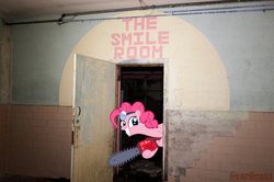 Size: 3000x1986 | Tagged: safe, artist:geargrass, pinkie pie, earth pony, pony, cupcakes hd, g4, chainsaw, female, mare, room, smiling, solo