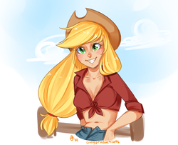 Size: 571x464 | Tagged: safe, artist:omgproductions, applejack, human, g4, belly button, cleavage, female, front knot midriff, grin, humanized, looking at you, midriff, smiling, solo