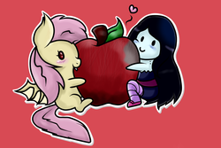 Size: 1024x683 | Tagged: safe, artist:stockingstreams, fluttershy, g4, adventure time, apple, blushing, chibi, crossover, eating, flutterbat, giant apple, heart, male, marceline, race swap, simple background