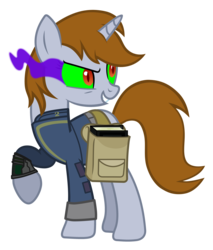 Size: 3244x3809 | Tagged: safe, artist:aborrozakale, oc, oc only, oc:littlepip, pony, unicorn, fallout equestria, g4, book, clothes, corrupted, dark magic, fallout, fanfic, fanfic art, female, high res, hooves, horn, jumpsuit, magic, mare, pipbuck, possessed, saddle bag, show accurate, simple background, smiling, solo, sombra eyes, teeth, transparent background, vault suit