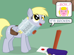 Size: 800x600 | Tagged: safe, artist:aha-mccoy, derpy hooves, oc, oc:helga starkehuf, pegasus, pony, nopony-ask-mclovin, g4, broken, derpy being derpy, derpy inside a mailbox, female, how, letter, mailbag, mailbox, mailmare, mailpony, mare