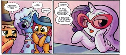 Size: 1926x848 | Tagged: safe, artist:agnes garbowska, idw, applejack, babs seed, rarity, trixie, g4, spoiler:comic, babxie, clothes, context is for the weak, costume, feather boa, hat, hug, moustache, out of context