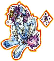 Size: 1194x1344 | Tagged: safe, artist:php166, oc, oc only, oc:tidal wave, alicorn, pony, colored wings, crown, cutie mark, horn, male, multicolored hair, pale belly, prince, solo, stallion, traditional art, wings