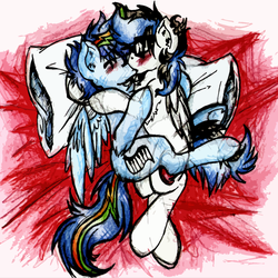Size: 1320x1319 | Tagged: safe, artist:php166, oc, oc only, oc:frozen soul, oc:secret chord, pegasus, pony, bed, cutie mark, eyes closed, gay, kissing, male, pillow, stallion, traditional art, wings
