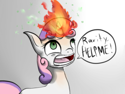 Size: 800x600 | Tagged: safe, artist:pegasistercake, sweetie belle, pony, unicorn, g4, dialogue, female, fire, magic, on fire, pyro belle, solo, sweetie fail, this will end in fire