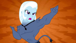 Size: 1280x720 | Tagged: safe, artist:dtkraus, edit, edited screencap, screencap, iron will, trixie, equestria girls, g4, putting your hoof down, d:, female, frown, glare, head swap, open mouth, pointing, solo, wat, what has magic done