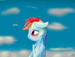 Size: 1600x1200 | Tagged: safe, artist:deviousfate, rainbow dash, g4, blushing, bow, cloud, cloudy, cute, female, sky, solo