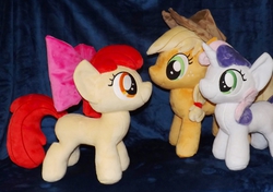 Size: 3116x2196 | Tagged: safe, artist:peruserofpieces, apple bloom, applejack, sweetie belle, g4, high res, irl, photo, plushie