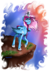 Size: 1000x1500 | Tagged: safe, artist:skyrore1999, oc, oc only, oc:parcly taxel, alicorn, pony, alicorn oc, aurora borealis, cliff, crown, frown, gritted teeth, looking up, magic, princess, raised hoof, request, solo, sparkles, spread wings, sunset, tiara, windswept mane