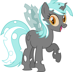 Size: 1048x1024 | Tagged: safe, artist:bluemeganium, artist:tentajack, edit, lyra heartstrings, changeling, g4, changeling lyra, changelingified, female, raised hoof, simple background, smiling, solo, teal changeling, vector, white background