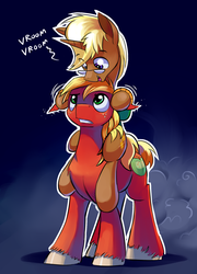 Size: 1636x2276 | Tagged: safe, artist:gsphere, big macintosh, trenderhoof, earth pony, pony, unicorn, g4, confused, cute, floppy ears, funny, gay, glasses, gritted teeth, hoof hold, male, open mouth, ponies riding ponies, raised eyebrow, riding, shipping, silly, silly pony, smiling, stallion, trendermac, unshorn fetlocks, vroom vroom