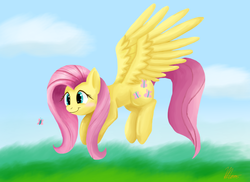 Size: 2333x1696 | Tagged: safe, artist:snowtehkat, fluttershy, butterfly, pegasus, pony, g4, blush sticker, blushing, female, flying, looking at something, mare, outdoors, smiling, solo, spread wings, wings