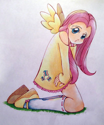 Size: 1285x1547 | Tagged: safe, artist:incarnadinexdreamer, fluttershy, human, g4, female, humanized, solo, traditional art