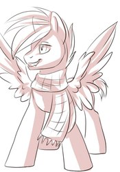 Size: 716x1024 | Tagged: safe, artist:kellwolfik, pegasus, pony, bedroom eyes, clothes, fangs, grin, monochrome, scarf, solo, spread wings