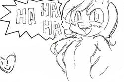 Size: 586x390 | Tagged: safe, artist:randy, oc, oc only, oc:aryanne, pony, bipedal, black and white, blushing, chest fluff, confident, grayscale, happy, heart, laughing, monochrome, sketch, smiley face, solo, speech bubble, text