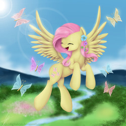 Size: 2900x2900 | Tagged: safe, artist:digitalcyn, fluttershy, butterfly, g4, female, flower in hair, high res, no tail, solo