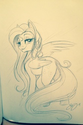 Size: 640x960 | Tagged: safe, artist:probablyfakeblonde, fluttershy, g4, bedroom eyes, female, looking at you, monochrome, sketch, solo, traditional art