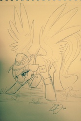Size: 640x960 | Tagged: safe, artist:probablyfakeblonde, daring do, g4, female, monochrome, sketch, solo, spread wings, traditional art