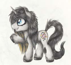 Size: 1129x1024 | Tagged: artist needed, safe, pony, unicorn, cat eyes, fluffy, grin, pencil drawing, solo, traditional art, unshorn fetlocks, watch