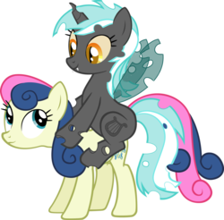 Size: 1041x1024 | Tagged: safe, edit, bon bon, lyra heartstrings, sweetie drops, changeling, g4, bon bon may or not be amused, changeling lyra, changelingified, changelings riding ponies, corrupted, female, lesbian, lyra riding bon bon, ponies riding ponies, riding, ship:lyrabon, shipping, simple background, species swap, teal changeling, transparent background, vector
