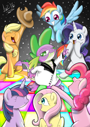 Size: 850x1198 | Tagged: safe, artist:chocolatechilla, applejack, fluttershy, pinkie pie, rainbow dash, rarity, spike, twilight sparkle, dragon, earth pony, pegasus, pony, unicorn, g4, applejack's hat, clothes, cowboy hat, disco, disco dance, female, hat, john travolta, male, mane six, mare, saturday night fever, spike gets all the mares, suit, tony manero, unicorn twilight