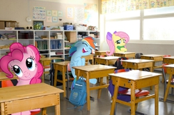 Size: 1200x799 | Tagged: safe, artist:atomicgreymon, artist:tokkazutara1164, artist:yanoda, artist:zacatron94, fluttershy, pinkie pie, rainbow dash, g4, alternate hairstyle, backpack, book, bow, classroom, clock, desk, eyes closed, frown, grin, irl, laughing, open mouth, photo, ponies in real life, ponytail, school, sitting, smiling, vector