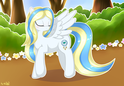 Size: 1920x1329 | Tagged: safe, artist:dsp2003, oc, oc only, oc:memi, pegasus, pony, cute, eyes closed, female, flower, mare, solo