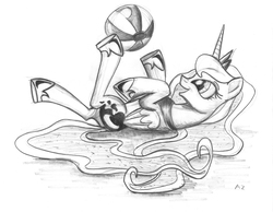 Size: 3285x2550 | Tagged: safe, artist:uminanimu, princess luna, pony, g4, ball, beach ball, cute, female, high res, monochrome, on back, playing, silly, silly pony, solo, traditional art