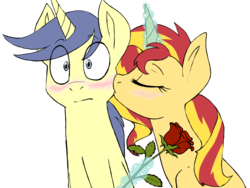 Size: 1024x768 | Tagged: safe, artist:hansuoddie, comet tail, sunset shimmer, pony, unicorn, g4, female, flower, kissing, magic, male, mare, ship:cometshimmer, shipping, simple background, stallion, transparent background