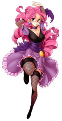 Size: 800x1550 | Tagged: safe, artist:bartolomeus_, pinkie pie, human, g4, over a barrel, breasts, busty pinkie pie, clothes, cute, diapinkes, female, fishnet stockings, humanized, puffy sleeves, saloon dress, saloon pinkie, showgirl, simple background, solo, stockings, transparent background