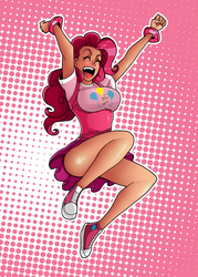 Size: 1500x2094 | Tagged: safe, artist:darkereve, artist:mesiasart, pinkie pie, human, g4, bracelet, breasts, busty pinkie pie, converse, female, humanized, jumping, sneakers, solo, strategically covered, underbust
