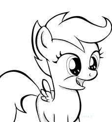 Size: 1050x1150 | Tagged: safe, artist:scooterloo, scootaloo, pegasus, pony, g4, blank flank, cute, cutealoo, female, filly, foal, grayscale, monochrome, open mouth, simple background, solo, spread wings, white background, wings