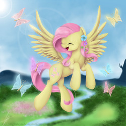 Size: 2900x2900 | Tagged: safe, artist:digitalcyn, fluttershy, butterfly, g4, female, flower in hair, flying, high res, solo