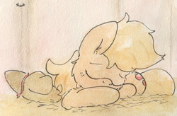 Size: 929x611 | Tagged: safe, artist:slightlyshade, applejack, g4, female, sleeping, solo, tired, traditional art