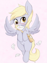Size: 1125x1500 | Tagged: safe, artist:zokkili, derpy hooves, pegasus, pony, g4, blushing, female, flying, heart, letter, mail, mailbag, mare, mouth hold, pink background, simple background, solo