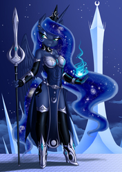 Size: 1130x1600 | Tagged: safe, artist:crovirus, princess luna, alicorn, anthro, unguligrade anthro, g4, armor, bedroom eyes, clothes, crystal, earring, female, high heels, magic, moon, night, piercing, smiling, solo, spear, stars, tower, warrior luna, weapon