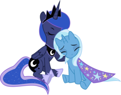 Size: 1280x1001 | Tagged: safe, artist:nattosoup, artist:whammy5, princess luna, trixie, alicorn, pony, unicorn, g4, cape, clothes, comforting, eyes closed, female, horn, mare, simple background, sitting, transparent background, trixie's cape