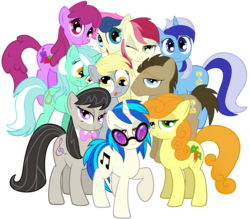 Size: 11391x10000 | Tagged: safe, artist:andy price, artist:fimvisible, idw, berry punch, berryshine, bon bon, carrot top, derpy hooves, dj pon-3, doctor whooves, golden harvest, lyra heartstrings, minuette, octavia melody, roseluck, sweetie drops, time turner, vinyl scratch, earth pony, pegasus, pony, unicorn, g4, absurd resolution, background pony, background six, background ten, bowtie, cutie mark, female, hooves, horn, looking at you, male, mare, one eye closed, red eyes, simple background, smiling, stallion, sunglasses, tongue out, transparent background, vector, wings, wink