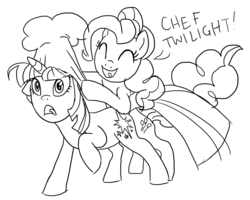 Size: 1182x946 | Tagged: safe, artist:glamourkat, pinkie pie, twilight sparkle, earth pony, pony, unicorn, g4, chef's hat, duo, hat, monochrome, unicorn twilight