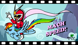 Size: 900x518 | Tagged: safe, rainbow dash, human, g4, crossover, flying, humans riding ponies, riding, viewtiful joe