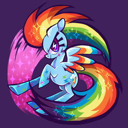 Size: 1000x1000 | Tagged: safe, artist:kunaike, rainbow dash, pegasus, pony, g4, twilight's kingdom, colored wings, female, multicolored wings, profile, purple background, rainbow power, rainbow power-ified, simple background, solo, welovefine, wingding eyes, wings