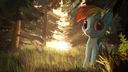 Size: 1191x670 | Tagged: dead source, safe, artist:moo, rainbow dash, pegasus, pony, g4, female, forest, mare, paintover, sitting, solo, tree