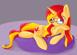 Size: 800x574 | Tagged: safe, artist:miroslav46, sunset shimmer, pony, unicorn, g4, female, glasses, lying down, pillow, prone, solo, sploot, sunset shimmer hates you, tumblr