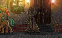 Size: 1680x1050 | Tagged: safe, artist:frisullka1, doctor whooves, time turner, g4, clothes, doctor who, necktie, rain, trenchcoat, umbrella