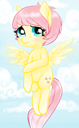 Size: 529x850 | Tagged: safe, artist:mcponyponypony, fluttershy, g4, alternate hairstyle, female, floating, flying, haircut, pixie cut, solo