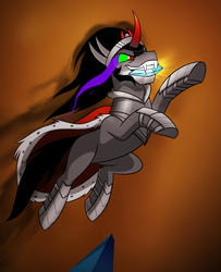 Size: 889x1093 | Tagged: safe, artist:mickeymonster, king sombra, pony, unicorn, g4, alternate ending, bad end, crystal heart, leaping, male, mouth hold, red background, simple background, solo, stallion, the bad guy wins
