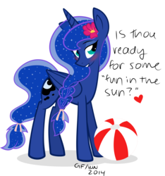Size: 1872x2000 | Tagged: dead source, safe, artist:wonderwaifu, princess luna, alicorn, pony, g4, alternate hairstyle, ball, beach ball, bedroom eyes, blushing, braid, female, fun, grammar error, grin, heart, irony, mare, missing accessory, ribbon, simple background, smiling, solo, traditional royal canterlot voice, transparent background, vector, ye olde butcherede englishe