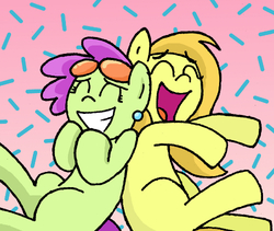 Size: 500x422 | Tagged: safe, artist:manulis, oc, oc only, earth pony, pony, duo, ear piercing, eyes closed, female, grin, happy, laughing, mare, open mouth, piercing, sitting, smiling