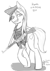 Size: 600x848 | Tagged: safe, artist:discrete turtle, edit, oc, oc only, oc:aryanne, black and white, clothes, female, grayscale, gun, hat, monochrome, rifle, smiling, solo, stg 44