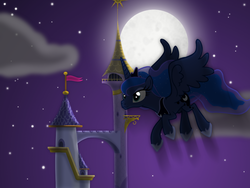 Size: 1200x900 | Tagged: safe, artist:evil-dec0y, princess luna, comic:trixie vs., g4, canterlot, female, flying, moon, night, solo